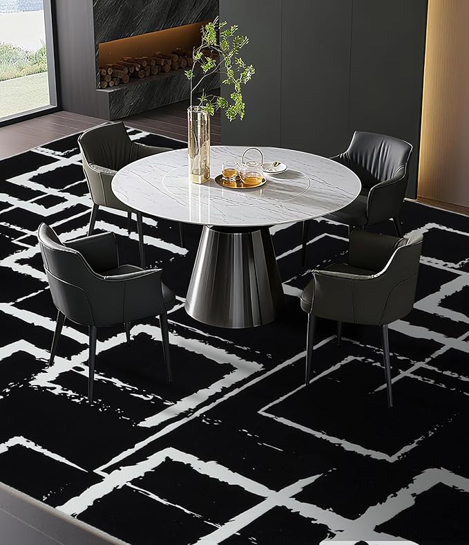 YIHOUSE Black Modern Geometric Area Rug 8x10, Black and White Rug with Abstract Rectangular Patterns,Non-Shedding Washable Rugs for Bedroom, Home Office and Living Room