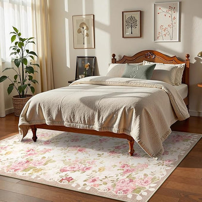 Lahome Washable Area Rug 6x9,Nursery Rug Girl Living Room Rug 6x9, Vintage Girls Rugs for Bedroom Ultra-Thin Non Slip Carpet for Playroom Dining Room Dorm (6'X9',Beige)