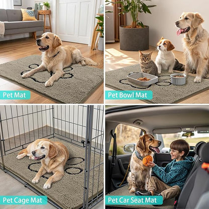 Smiry Dog Door Mat for Muddy Paws, Absorbent Dirt Trapper Non Slip Quick Dry Washable Chenille Mat for Mud Dogs, Entry Rug for Indoor and Outdoor (30x20 Inches, Warm Taupe and Black)