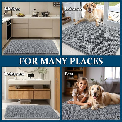 OLANLY Dog Door Mat for Muddy Paws 44x32, Absorbs Moisture and Dirt, Absorbent Non-Slip Washable Doormat, Quick Dry Chenille Mud Mat for Dogs, Entry Indoor Entryway Carpet for Inside Floor, Grey