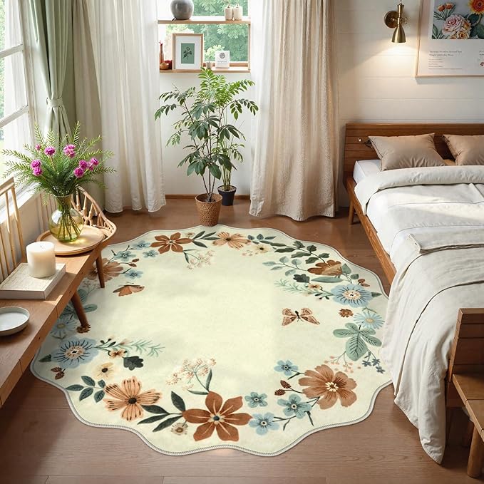Lahome Floral Washable Round Rugs, Non-Slip Soft Round Rug 4ft Ultra-Thin, Small Boho Circle Carpet for Entryway Kitchen Bedroom Nursery Bathroom, Beige