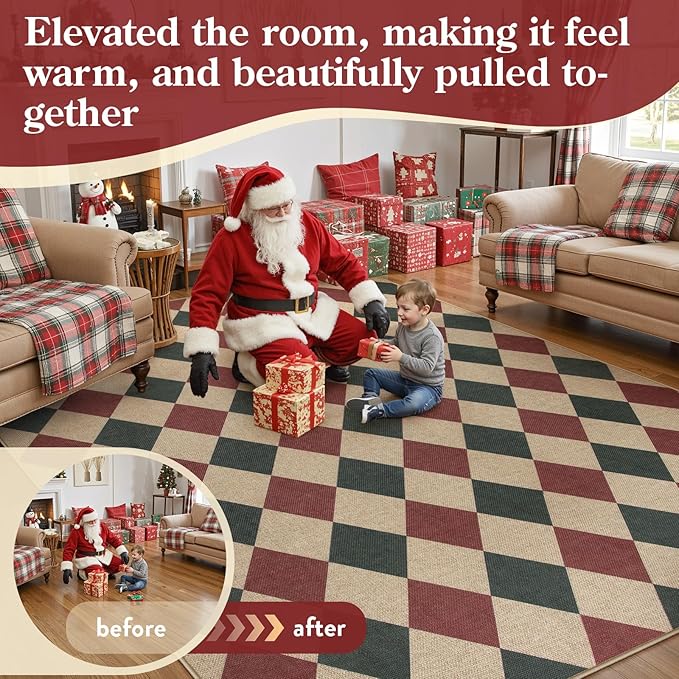 Lahome Checkered Rugs for Living Room, 8x10 Indoor Outdoor Rug Dining Room Office Carpet, Checkerboard Green and Red Washable Non Slip Floor Carpet for Patio Classroom Backyard