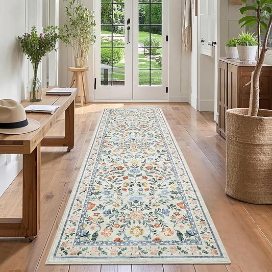 GarveeHome Washable Runner Rug 2 x 6 Non-Slip Non-Shedding Soft Vintage Bedside Rug, Low Pile Farmhouse Floral Carpet, Indoor Foldable Printed Entryway Rug for Hallway Kitchen, Green