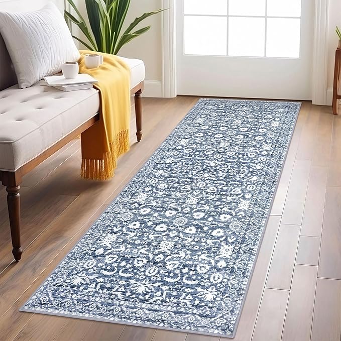 Vintage Floral 2x6 Runner Rug, Light Blue White Washable Kitchen Runner Rug Non-Slip Hallway Rug Runner Thin Printed Faux Wool Super Soft Carpet for Entryway Bedroom Laundry Room Indoor