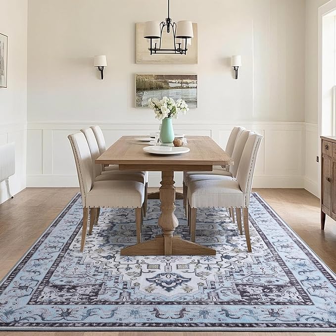 Washable Area Rug 3x5 , Low Pile Super Soft Carpet, Vitnage Distressed Rug for Bedroom, Living Room, Dining Room, Non-Slip, Low Pile, Blue