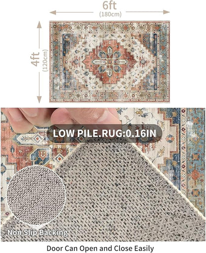 Enkor Area Soft Rugs 4x6 Washable Non Slip Boho Floor Rugs for Living Room Bedroom, Vintage Style Farmhouse Mat for Kitchen Entryway Beige & Red
