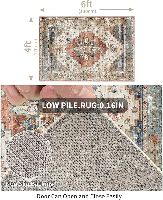 Enkor Area Soft Rugs 4x6 Washable Non Slip Boho Floor Rugs for Living Room Bedroom, Vintage Style Farmhouse Mat for Kitchen Entryway Beige & Red