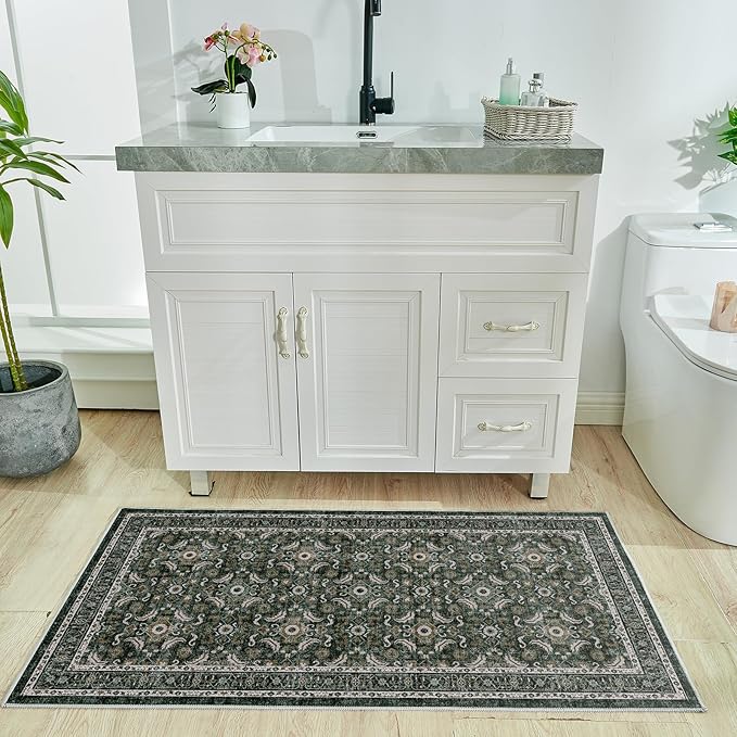 WITSHOCK Washable 2x4 Entryway Area Rug: Soft Non-Slip Backing Washable Rugs Vintage Flower Boho Accent Small Rugs for Bedroom, Kitchen, Bathroom, Nursery Entrance,Dark Green