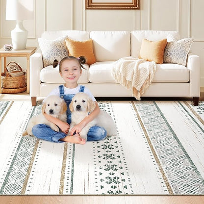 BESTSWEETIE 9x12 Area Rugs for Living Room Washable Moroccan Farmhouse Neutral Geometric Low Pile Non-Slip Soft Print Pattern Rug for Bedroom Kitchen Dining Room Entryway Green/Brown/Brown