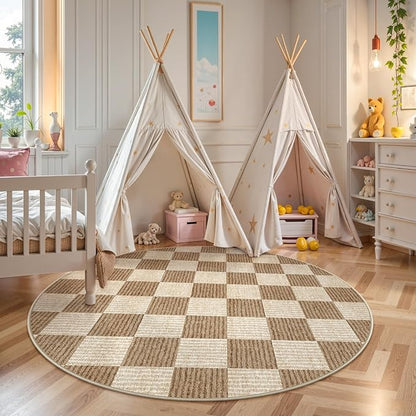 LIVEBOX Checkered Round Rug 4 Ft Washable Area Rug for Playroom, Kids Non-Slip Neutral Classic Circle Rug Geometric Large Carpet Soft Boys Rug for Classroom Dorm Bedroom(Brown,120R)