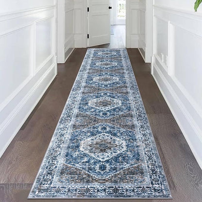 KOZYFLY Runners for Hallways 2.6x14 Ft Extra Long Washable Kitchen Runner Rug Boho Runner Rug for Entryway Indoor Blue Printed Oriental Faux Wool Stair Floor Carpet Runner for Stair Kitchen Hall