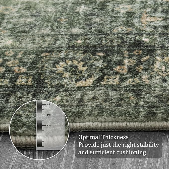 Morebes Washable Green Area Rugs 4x6, Vintage Boho Rugs for Bedroom, Soft Distressed Indoor Floor Non-Slip Non-Shedding Living Room Throw Carpet for Kitchen Dining Playroom Entryway Christmas Decor
