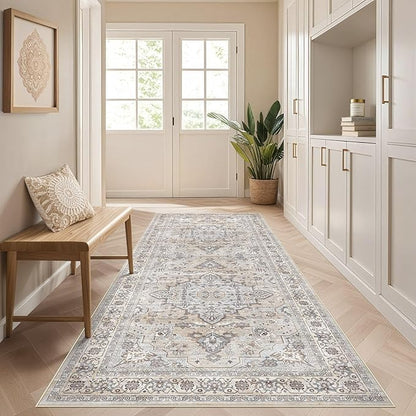 Runner Rug Kitchen Washable Rugs: 3x10 Non-Slip Boho Soft Vintage Stain Resistant Indoor Floor Neutral Farmhouse Throw Carpet for Hallway Bathroom Laundry Room Entryway Bedroom- Ivory Gray