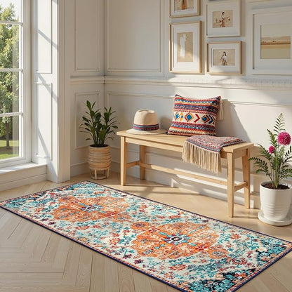 Lahome Bohemian Floral Medallion Runner Rug - 2'8" x 8' Oriental Distressed Hallway Runner Rug Country Vintage Washable Non-Slip Laundry Carpet Soft Low-Pile Indoor Mat for Entryway Bedside Decor