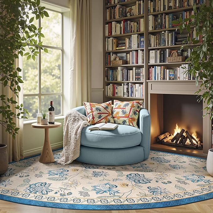 jinchan Elora Floral Corner Rug for Living Room Washable Bedroom Rug Vintage Romance Design Non Slip Quarter Circle Lightweight Low-Pile Throw Carpet for Reading Nook Playroom, 7ft Radius, Blue/Beige