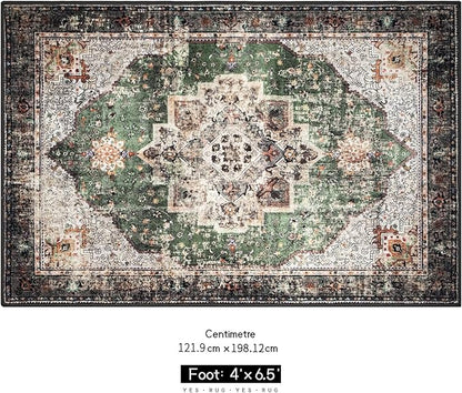 4x6.5 Green Boho Area Rug Vintage for Kitchen Living Room Bedroom Dining Room Office Non Slip Low Pile Indoor Floor Distressed Carpet