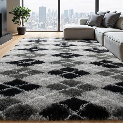 Zentavio Area Rugs for Living Room Large Rugs for Bedroom 5x8 Carpet Fluffy Fuzzy Soft Shag Aesthetic Plush High Pile Gray Throw Rug for Nursery Kids Room Dorm Diomond Black