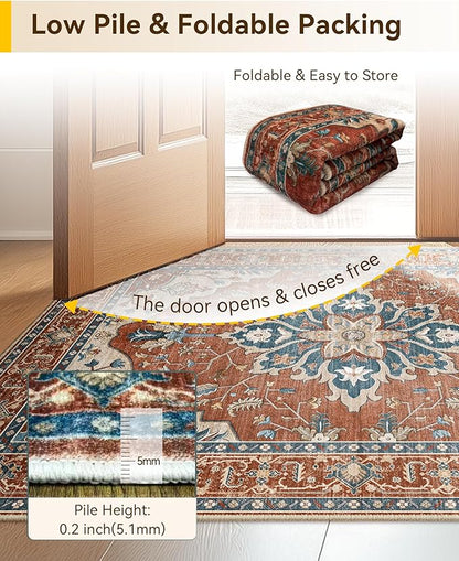 Area Rugs 2'x3' Washable Non-Slip, Floral Vintage Distress Print Pattern Medallion Carpet for Living Room Bedroom Dining Room, Red Orange Blue Brown