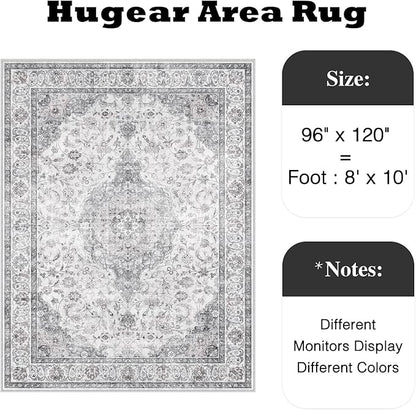 HUGEAR Area Rug 8x10 Vintage Grey Machine Washable Living Room Rugs Thin Neutral Floral Vacuumable Low Pile Carpet Bedroom Office Dining Room Laundry Room Non Slip Soft Lightweight