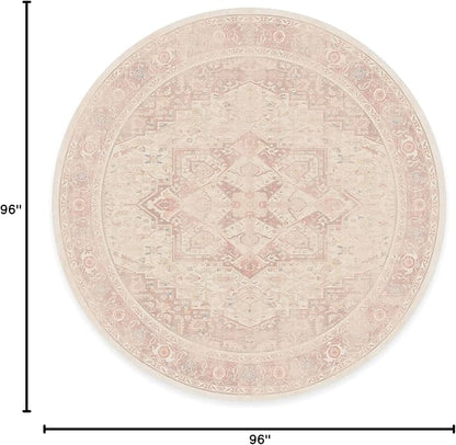 RUGGABLE Washable Area Rug – Kamran Soft Pink 8 ft Round, Stain-Resistant, Non-Slip – Large Machine Washable Rugs for Living Room, Bedroom, Hallway, Entryway & Office–with Cushioned Pad