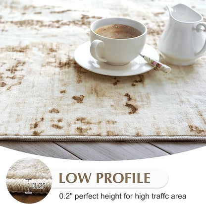 FMFUNCTEX 5x7 Washable Area Rug Brown Beige Abstract Modern Neutral Non Slip Low Pile Indoor Carpet Soft Thin Throw Rug for Entryway Entrance Living Room Bedroom Dining Office Nursery Kitchen Laundry