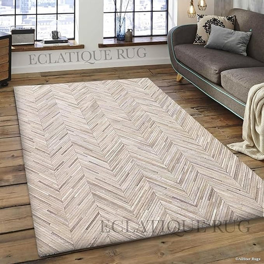 Elegant Rectangular Rug Cowhide Leather Stylish Luxury Non Slip Chevron Patchwork Area Rug for Living Room and Home Décor Floor Carpet (Beige-6 x 9 ft)