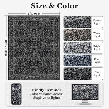 Vintage Charcoal 8x10 Area Rugs for Living Room, Retro Dark Earth Tone Carpet Rug for Bedroom Dining Room, Low Pile Thin Washable Non Slip Room Rug for Home Office Family Room