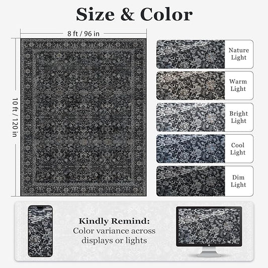 Vintage Charcoal 8x10 Area Rugs for Living Room, Retro Dark Earth Tone Carpet Rug for Bedroom Dining Room, Low Pile Thin Washable Non Slip Room Rug for Home Office Family Room