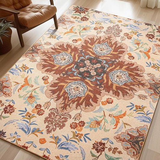 Phantoscope Washable Area Rug 4'x6' Non-Slip, Vintage Boho Rugs for Living Room, Bedroom, Dining Room, Fall Orange Floral Medallion Pattern, Low-Pile Foldable Floor Carpet, Rust/Multi Floral