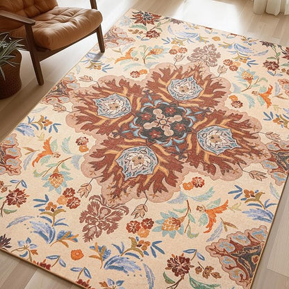 Phantoscope Washable Area Rug 6'x9' Non-Slip, Vintage Boho Rugs for Living Room, Bedroom, Dining Room, Fall Orange Floral Medallion Pattern, Low-Pile Foldable Floor Carpet, Rust/Multi Floral