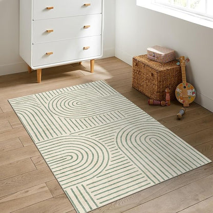 3x5 Washable Area Rug - Small Entryway Rug Non-Slip Sage Green Abstract Rainbow Kitchen Rugs Modern Boho Carpet Throw Rugs for Living Room Bedroom Bathroom Dorm Nursery Room Home Decor