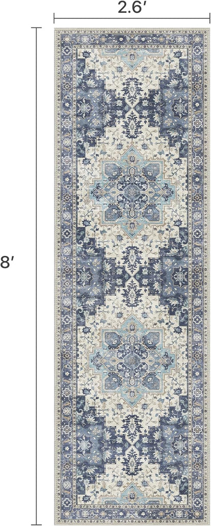 2'6''x8 Runner Rugs for Hallway, Machine Washable Non Slip Vintage Rugs, Low Pile Lightweight Soft Print Rug for enrtyway, Corridor, Home Office, Kitchen, Center Blue