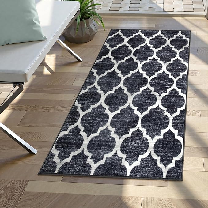 Lahome Moroccan 2x4 Runner Rug Washable Non Slip Black Entryway Runner Rugs, Laundry Throw Rug and Indoor Mat for Laundry Room, Washable Runner Rugs for Kitchen Hallway Entry Area Rugs(Black,2'x4')