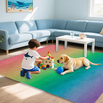 Rainbow Washable 3x5 Area Rugs for Living Room, Thin Low Pile Contemporary Carpet, Non-Slip Base Lightweight Rug