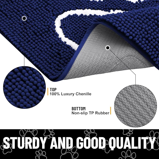 Smiry Dog Door Mat for Muddy Paws, Absorbent Dirt Trapper Non Slip Quick Dry Washable Chenille Mat for Mud Dogs, Entry Rug for Indoor and Outdoor (48x30 Inches, Navy Blue and White)