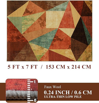 YIHOUSE Brown Area Rug 5x7,Geometric Burnt Orange Area Rug Non Slip,Farmhouse Rugs Washable,Vintage Burgundy Carpets for Bedroom, Boho Rug for Kitchen,Dining Room