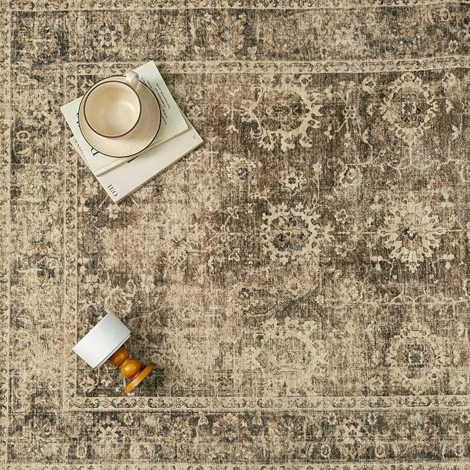 2x8 Washable Runner Rug for Kitchen Hallway Brown Vintage Non-Slip Low Pile Distressed Rustic Carpet Lightweight Vacuumable Soft Long Throw Rug for Indoor Entryway Bedroom
