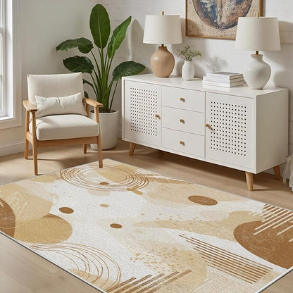 Minimalist Abstract Area Rug 6x9 Beige Boho, Modern Washable Geometric Art Carpet, Soft Non-Slip Low-Pile Carpet for Living Room, Bedroom, Kitchen, Dining Room, Pet Friendly, Non-Shedding, Brown