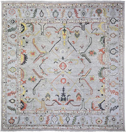 Goose Gray Afghan Angora Oushak with All Over Colorful Pattern Vegetable Dyes Organic Wool Hand Knotted Square Oriental Rug (11'9"x11'9")