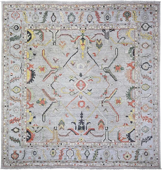 Goose Gray Afghan Angora Oushak with All Over Colorful Pattern Vegetable Dyes Organic Wool Hand Knotted Square Oriental Rug (11'9"x11'9")