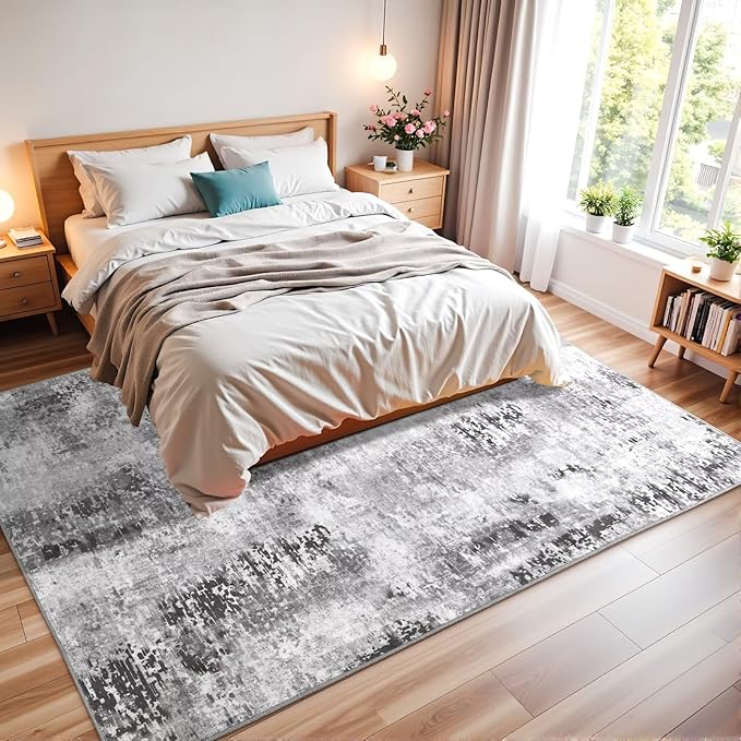Washable Abstract Rug, 3x5 Modern Area Rugs with Non-Slip Rubber Backed for Bedroom, Thin but Soft Contemporary Carpet Kitchen Living Room Decor, Dark Grey