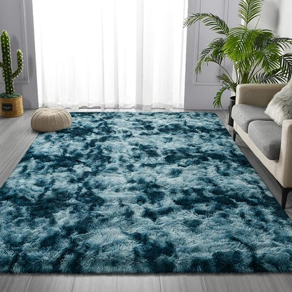 Large Shag Area Rugs 6 x 9, Tie-Dyed Plush Fuzzy Rugs for Living Room, Ultra Soft Fluffy Furry Rug for Bedroom, Indoor Carpet Nursery Rugs for Kids Room Home Decor, Peacock Blue