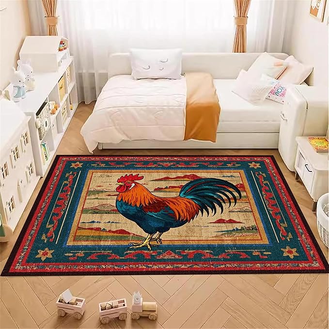 Vintage Rustic Rooster Area Rug ，5x8ft,Ethnic Design Colorful Mountains Geometric Pattern Print Rug，Low Pile Washable Rug Suitable for Farmhouse, Kitchen, Living Room, Bedroom Entryway