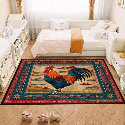 Vintage Rustic Rooster Area Rug ，5x7ft,Ethnic Design Colorful Mountains Geometric Pattern Print Rug，Low Pile Washable Rug Suitable for Farmhouse, Kitchen, Living Room, Bedroom Entryway