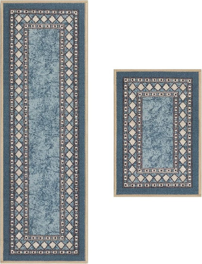 Antep Rugs Alfombras Modern Bordered 2pc Non-Skid (Non-Slip) Low Profile Pile Rubber Backing Indoor Kitchen Runner Rugs (Blue, 2pc Set)