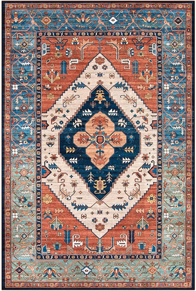 Lahome Oriental Washable Rug 6x9, Non-Slip Ultra-Thin Living Room Area Rug, Stain Resistant Vintage Carpet for Bedroom Dining Room Office