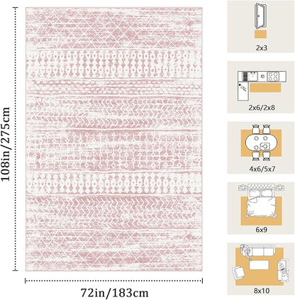 6x9 Machine Washable Area Rug for Living Room, Pink Vintage Moroccan Rug Large Non-Slip Low Pile Soft Faux Wool Carpet, Kids and Pets Friendly for Bedroom Dining Room Farmhouse Home Decor Rug