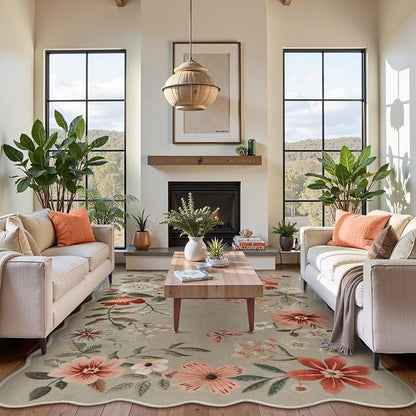 Lahome Floral Washable Rugs 8x10, Non-Slip Soft Bedroom Rug Stain Resistant, Ultra-Thin 8x10 Rugs for Living Room Easy Clean Boho Rug Accent Carpet for Dining Room Office(8x10ft,Brown)