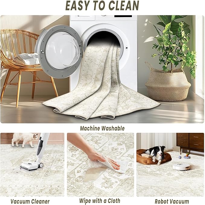 9x12 Area Rugs Washable Rugs for Living Room, Large Vintage Boho Rug Non-Slip Soft Floral Distressed Rug Low Pile Stain Resistant Carpet for Bedroom Nursery Office Dining Room Farmhouse(Beige, 9'x12')