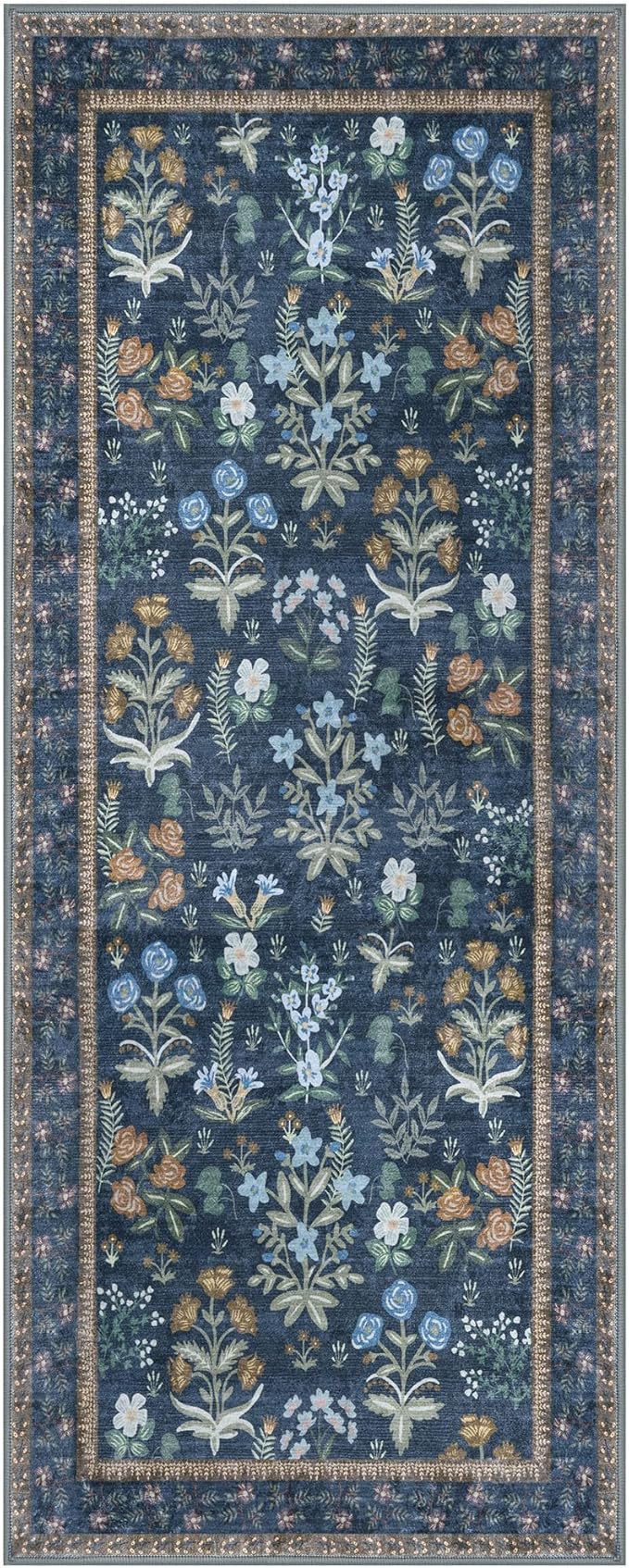 Boho 2x5 Runner, Navy Floral Washable Hallway Runner, Non-Slip Kitchen Runner, Super Thin Printed Faux Wool Soft Carpet for Entryway, Front Door, Backdoor, Bedside